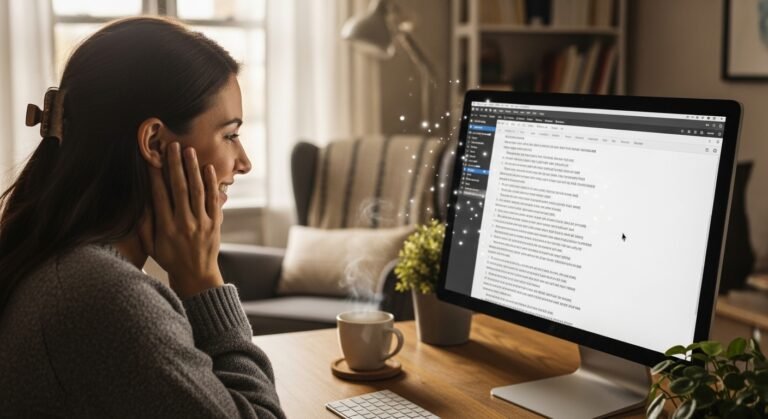 "Woman using AI writing tool on laptop in cozy workspace