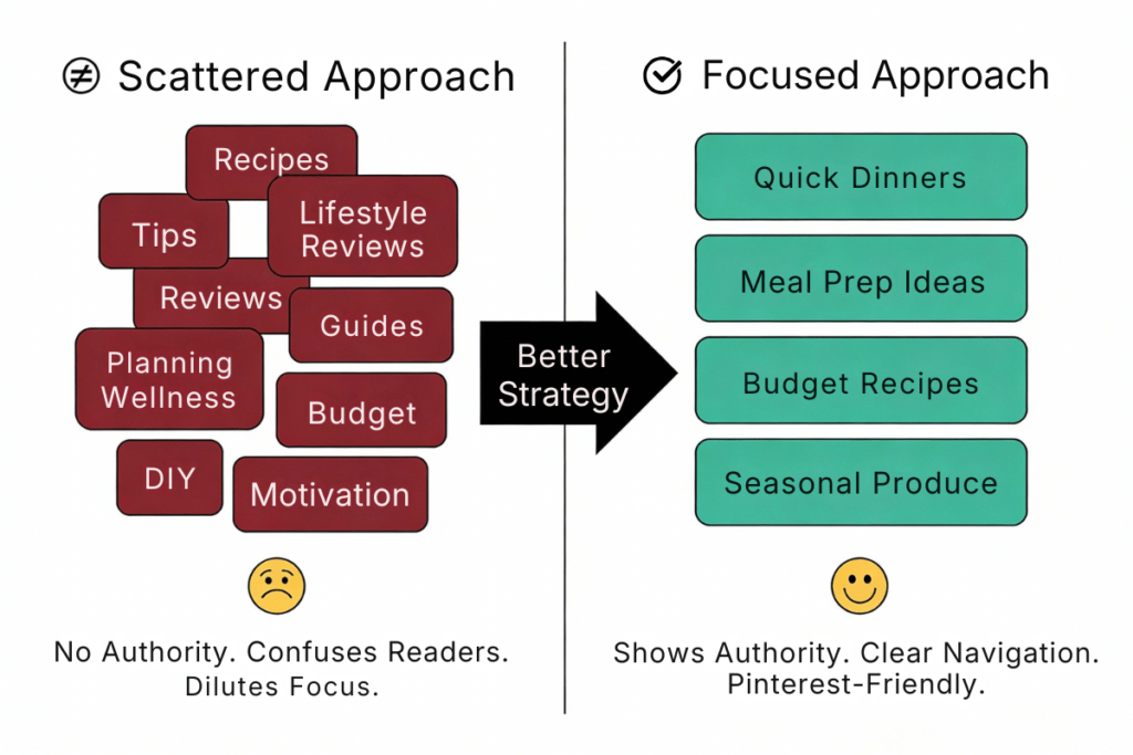 Split-screen before/after comparison diagram. LEFT side shows Scattered Approach with 10 chaotic category boxes (Recipes, Tips, Lifestyle, Reviews, Guides, Planning, Wellness, Budget, DIY, Motivation) in dark red color with confused emoji and caption "No Authority. Confuses Readers. Dilutes Focus." RIGHT side shows Focused Approach with 4 organized category boxes (Quick Dinners, Meal Prep Ideas, Budget Recipes, Seasonal Produce) in teal color with checkmark and caption "Shows Authority. Clear Navigation. Pinterest-Friendly." Center arrow labeled "Better Strategy" connecting both sides.