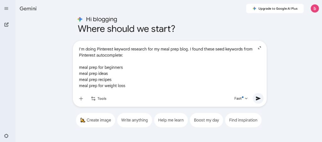 Google Gemini AI interface showing Pinterest keyword research organization prompt with meal prep keywords example