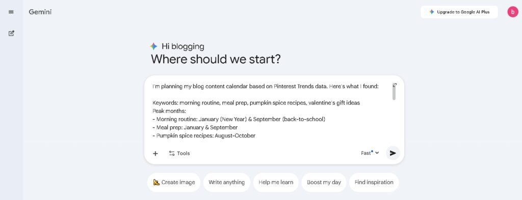 Google Gemini AI interface showing Pinterest Trends data analysis prompt for planning seasonal content calendar with keywords and peak months
