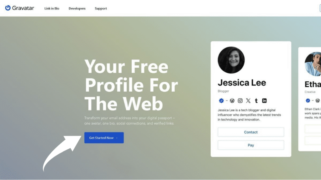 Gravatar homepage showing a “Get Started Now” button and an example profile card with a photo, name, bio, and social icons.