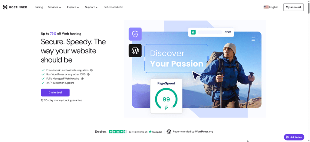 Hostinger homepage showing key beginner features: 75% off web hosting, free domain and website migration, WordPress one-click install, fully managed hosting, 24/7 support, PageSpeed score 99, and WordPress.org recommendation badge