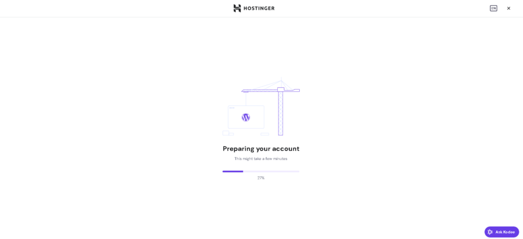 A bright WordPress setup screen in progress, with a crane lifting a monitor as Hostinger prepares a new website account at 27 percent.