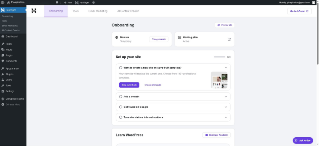 A fresh WordPress dashboard loading its onboarding steps on Hostinger, showing setup options, domain status, and guided tools for building a new site.