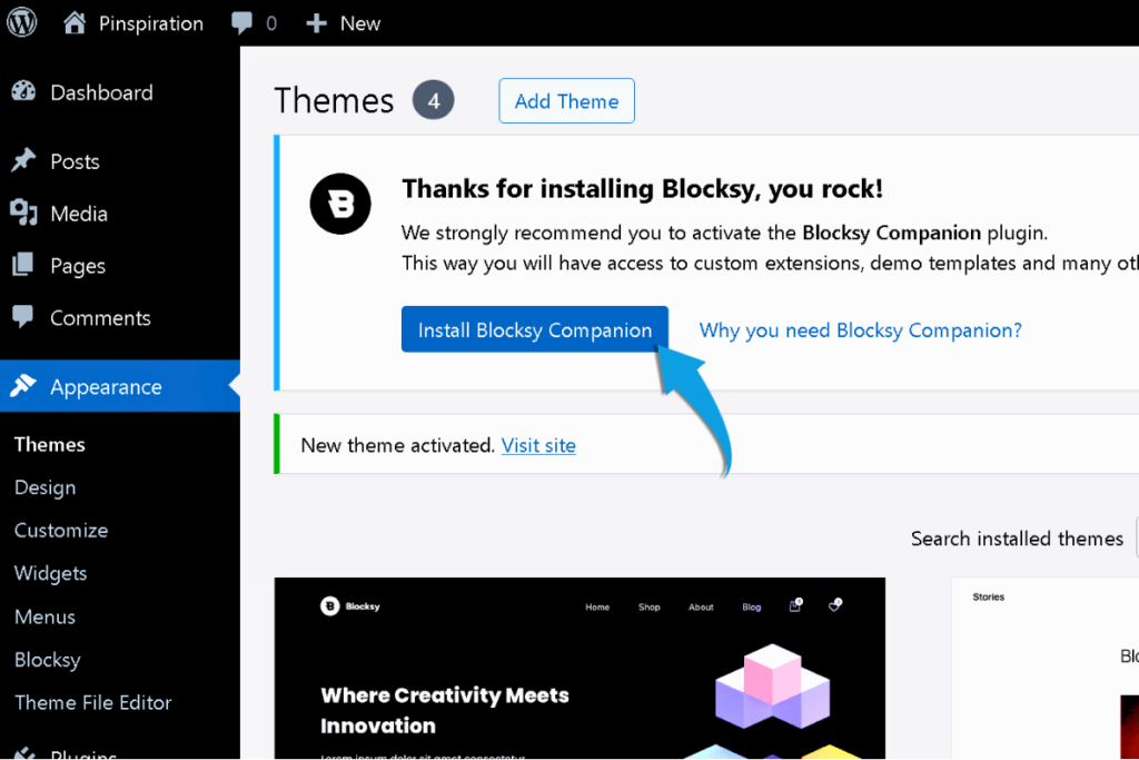 A computer screen displaying the WordPress dashboard, showcasing the installation process for the Blocksy Companion plugin. The interface highlights vibrant colors, and a progress bar indicates ongoing updates, suggesting an intuitive and user-friendly experience for website enhancement.