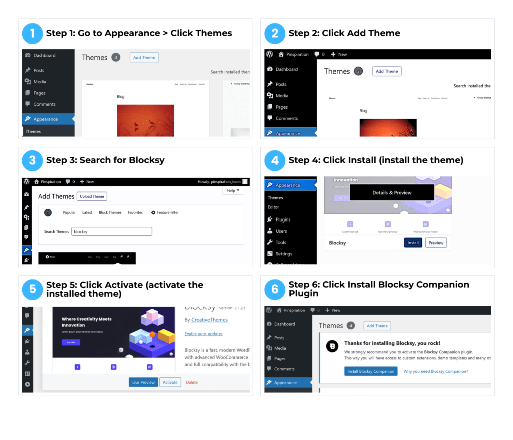A screenshot of a WordPress dashboard showcasing the theme installation process, featuring vibrant navigation menus and a user-friendly interface, guiding beginners through the steps of customizing their website with a new theme.