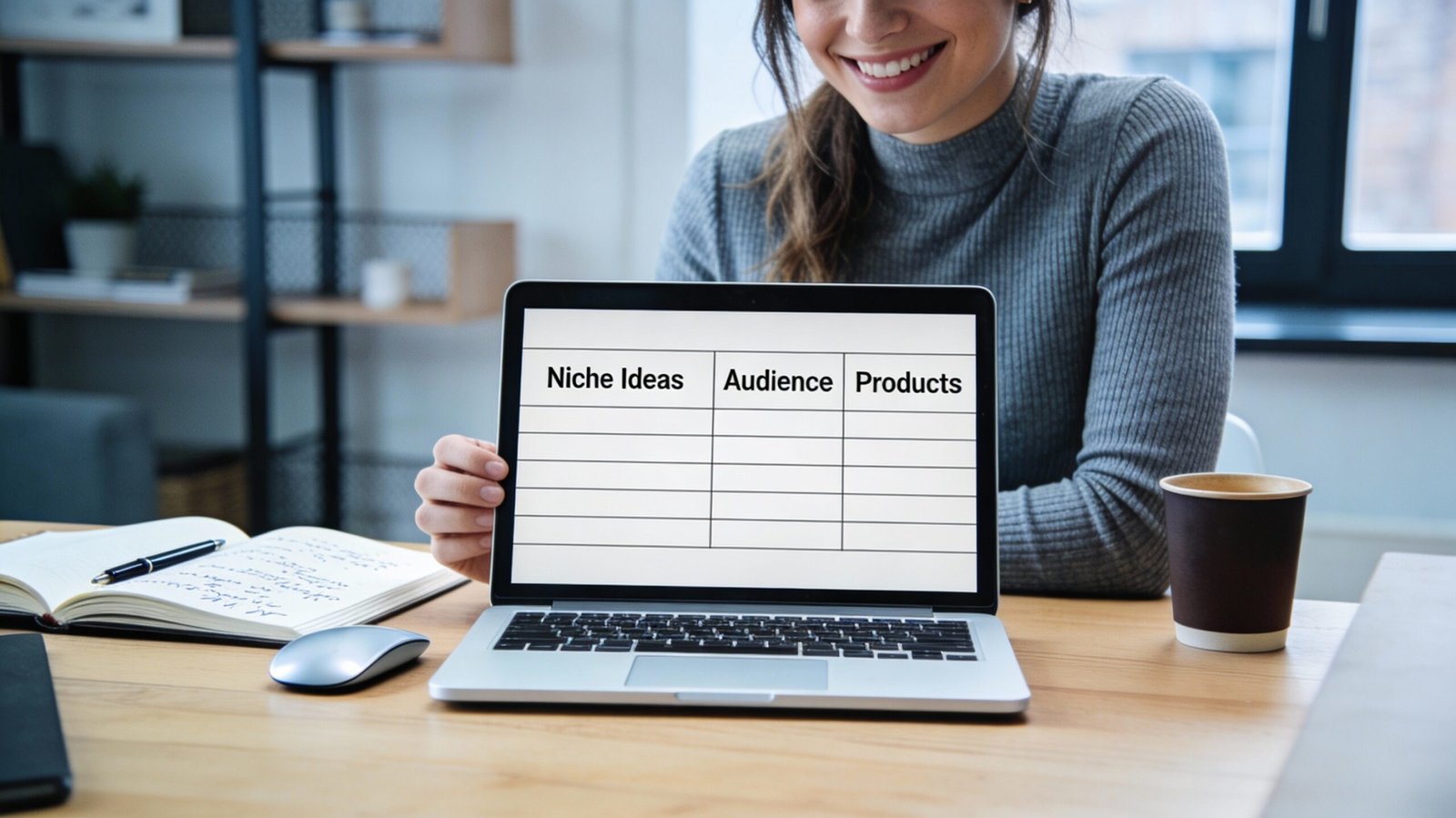 Woman sitting at organized desk with laptop and journal choosing blog niche with confidence and clarity