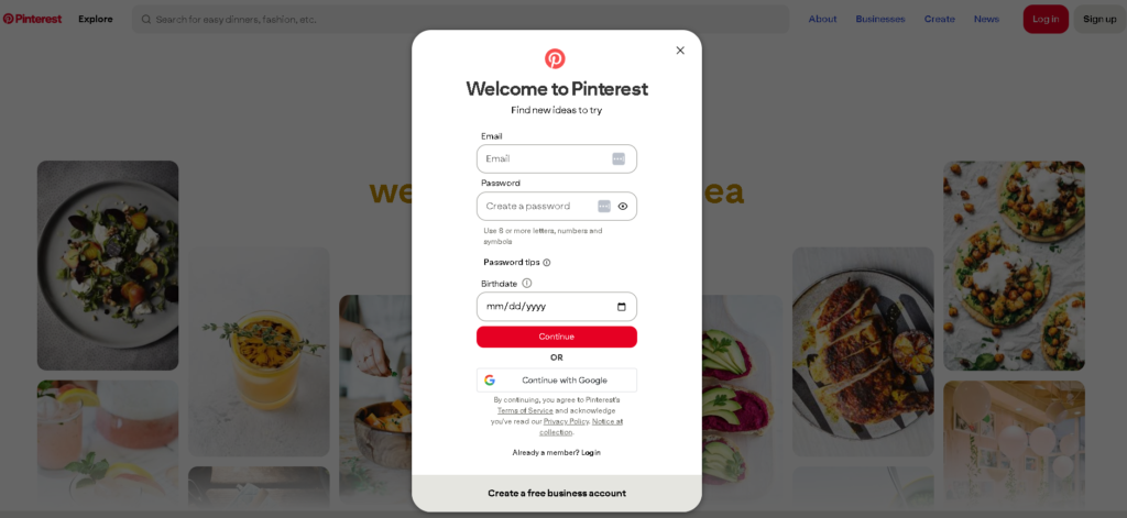 Pinterest account login and free business account signup screen showing email password fields and continue button