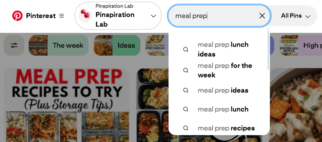 Pinterest search bar showing autocomplete keyword suggestions for 'meal prep' including 'for beginners' and 'healthy'
Placement: Under "Method 1: Pinterest Search Bar Autocomplete"