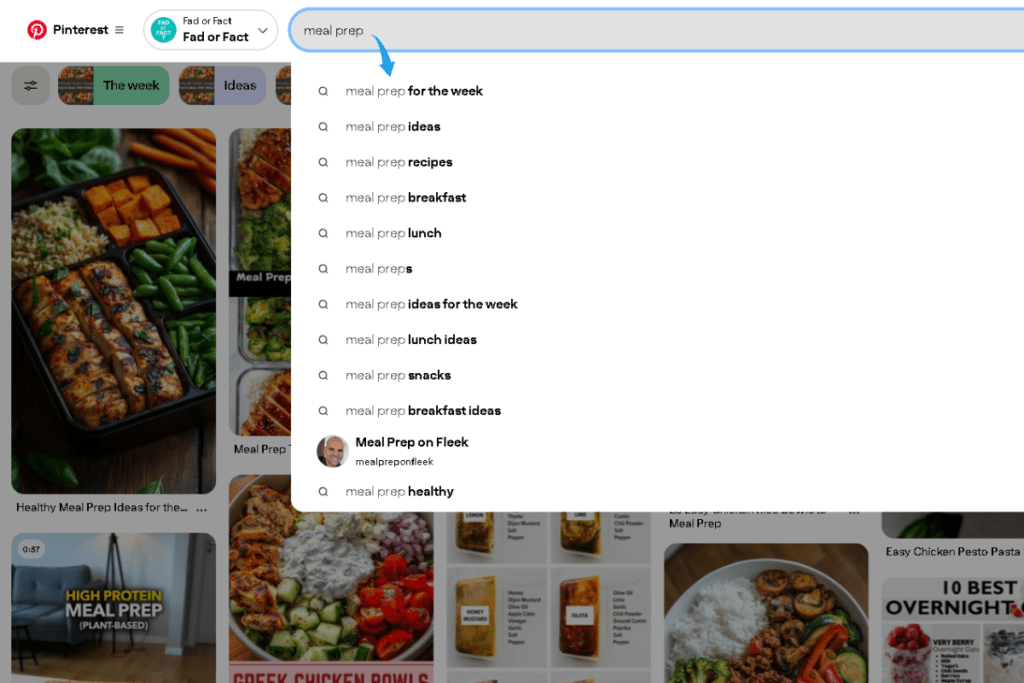 A colorful screenshot of a Pinterest search bar displaying various autocomplete suggestions, showcasing popular topics like DIY crafts, recipes, and home decor, set against a clean, minimalist background.