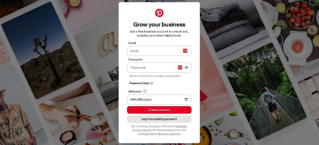 Pinterest business account signup form showing email password and create account button for new business profiles