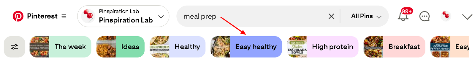 Pinterest guided search filter bubbles showing meal prep keyword modifiers easy healthy high protein breakfast the week