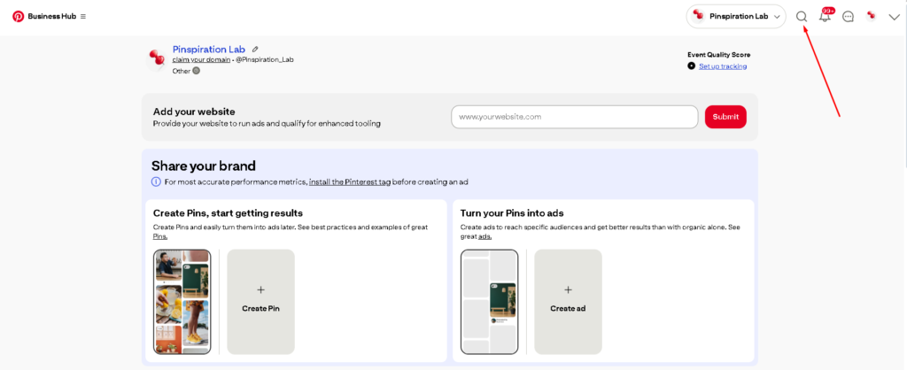 Pinterest search icon location in top navigation bar highlighted with arrow showing where to click for keyword research