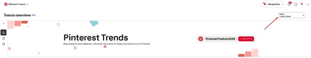 PPinterest Trends region selector dropdown showing United States option for targeting specific country keyword data
