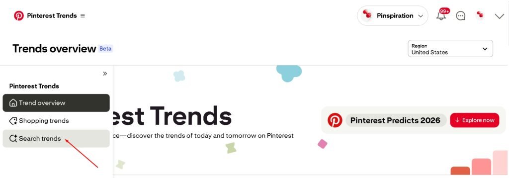 Pinterest Trends sidebar menu showing Search trends option for keyword research and search volume data