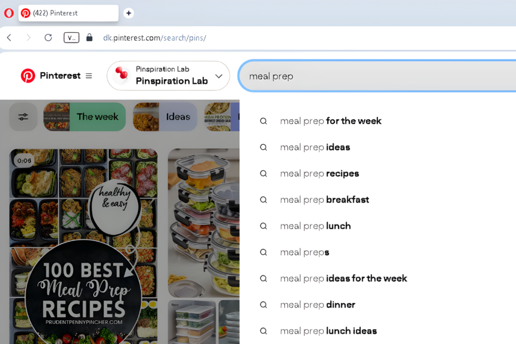 Pinterest search bar showing autocomplete keyword suggestions for 'meal prep'