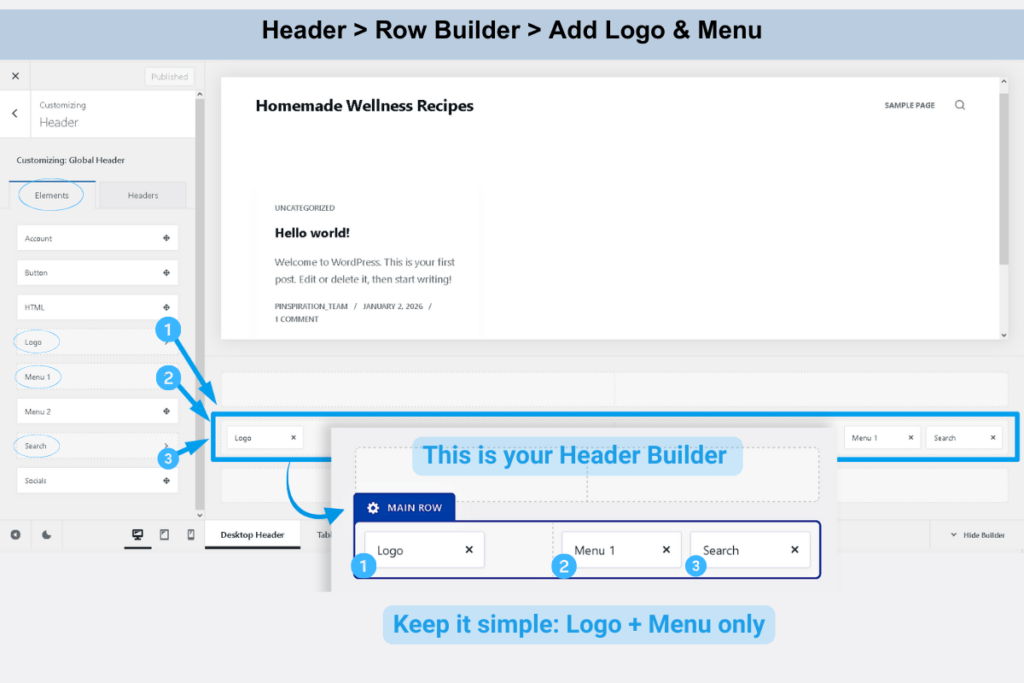 An illustration of the WordPress Blocksy header builder interface, showcasing a vibrant, user-friendly layout with various customizable elements arranged in a drag-and-drop format, perfect for beginners looking to design their website header effortlessly.