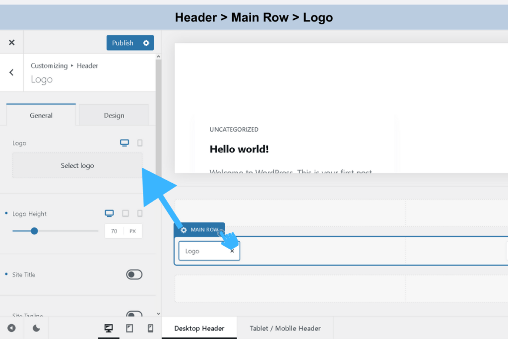 A user-friendly interface showcasing the settings menu of the Blocksy theme in WordPress, highlighting options for logo upload and height adjustment. The sleek design features vibrant colors and clear icons, inviting users to customize their website effortlessly.