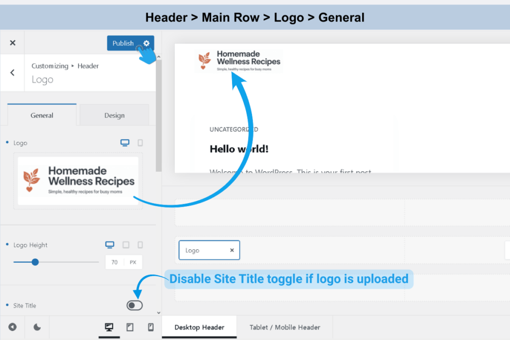 A vibrant digital illustration showcasing the Blocksy logo settings interface in WordPress, featuring a user-friendly layout with sliders and adjustment options, all set against a clean background. The screen displays various configuration tools for customizing the logo height, with highlighted elements drawing attention to the intuitive design.