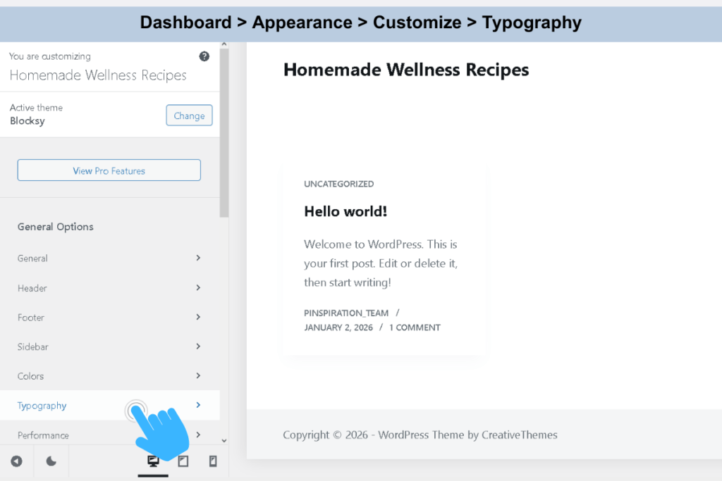 A screenshot of the WordPress Blocksy Typography Settings interface, showcasing an array of font options, sizes, and styles displayed on an elegant digital dashboard. The layout features vibrant colors and intuitive design, inviting beginners to personalize their website's typography with ease.