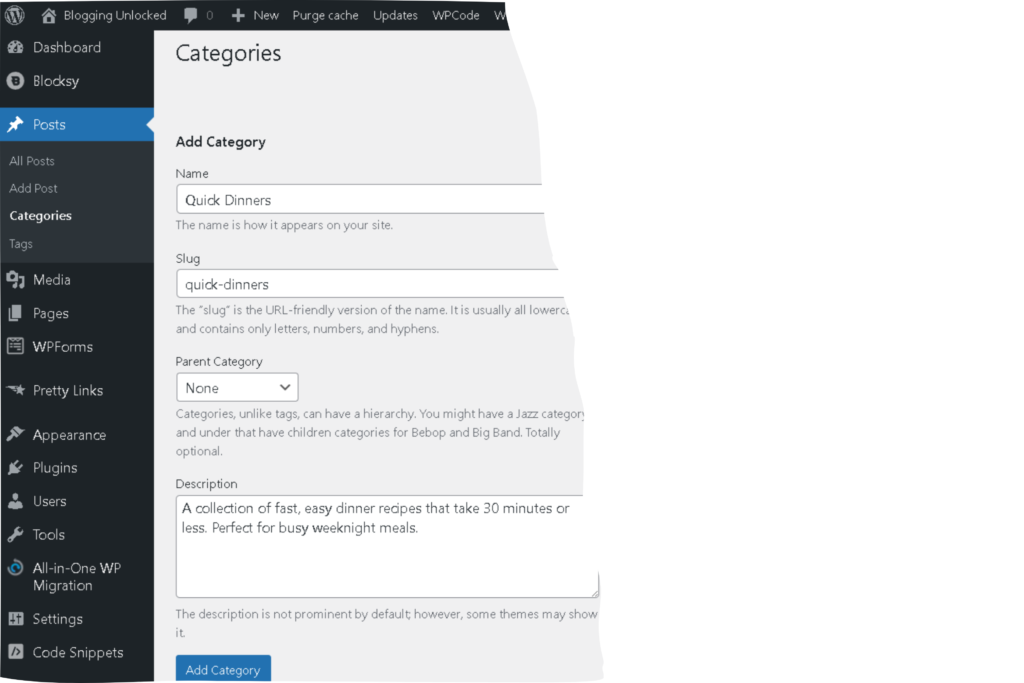 WordPress dashboard showing the Categories page with form fields (Name, Slug, Parent, Description) and Add New Category button highlighted.