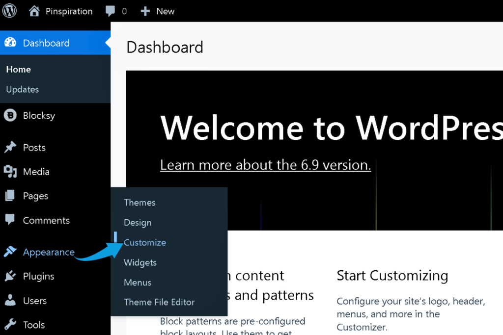 An illustrative guide showcasing the WordPress theme customizer interface, featuring vibrant colors and various sections labeled for easy navigation, highlighting tools for customizing website appearance.