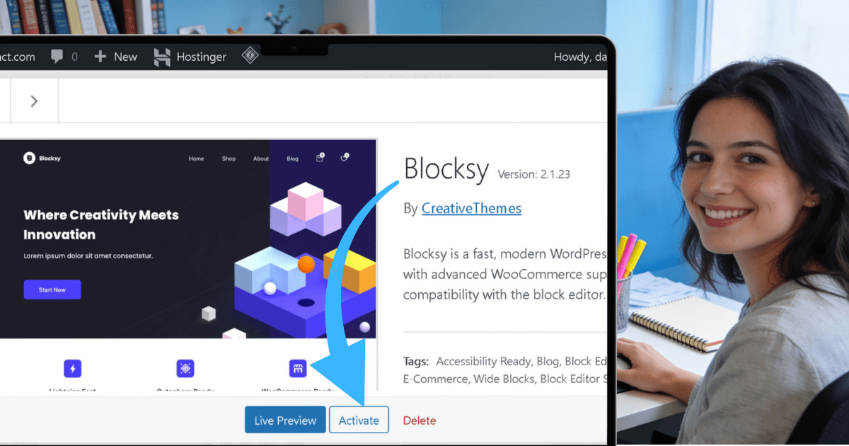 A colorful digital workspace featuring a laptop displaying a WordPress dashboard, surrounded by neatly organized stationery, a cup of coffee, and a potted plant, illustrating a beginner's guide to setting up a WordPress theme.