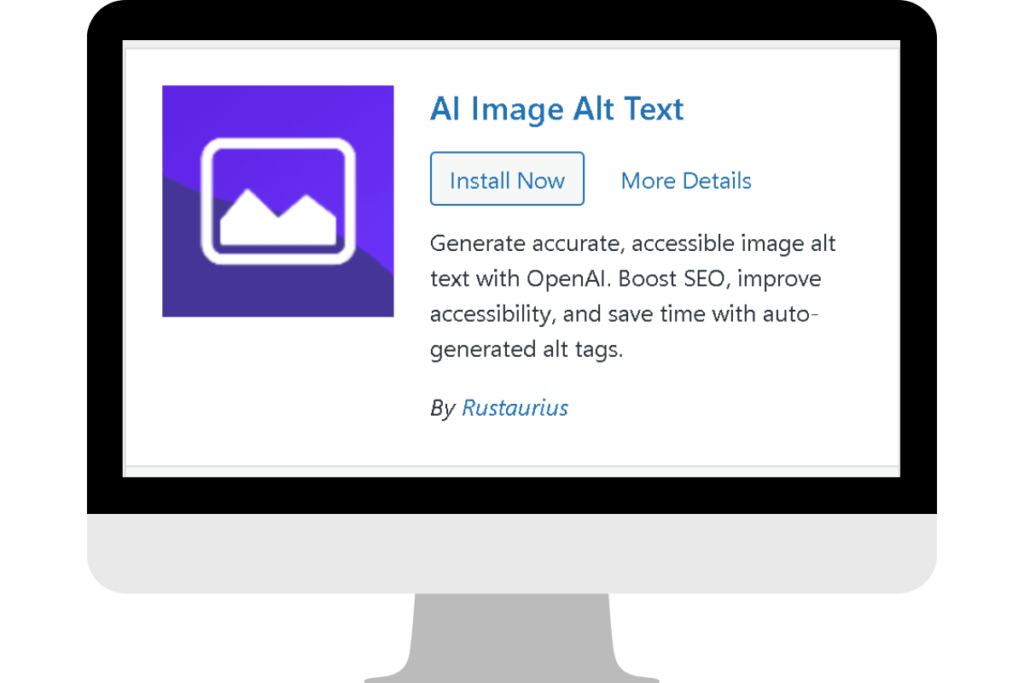 A sleek digital interface showcases the Rustaurius plugin card, featuring a modern design with vibrant colors and a user-friendly layout. The card displays dynamic elements, highlighting its AI-driven capabilities for enhancing image alt text, surrounded by icons representing creativity and technology.