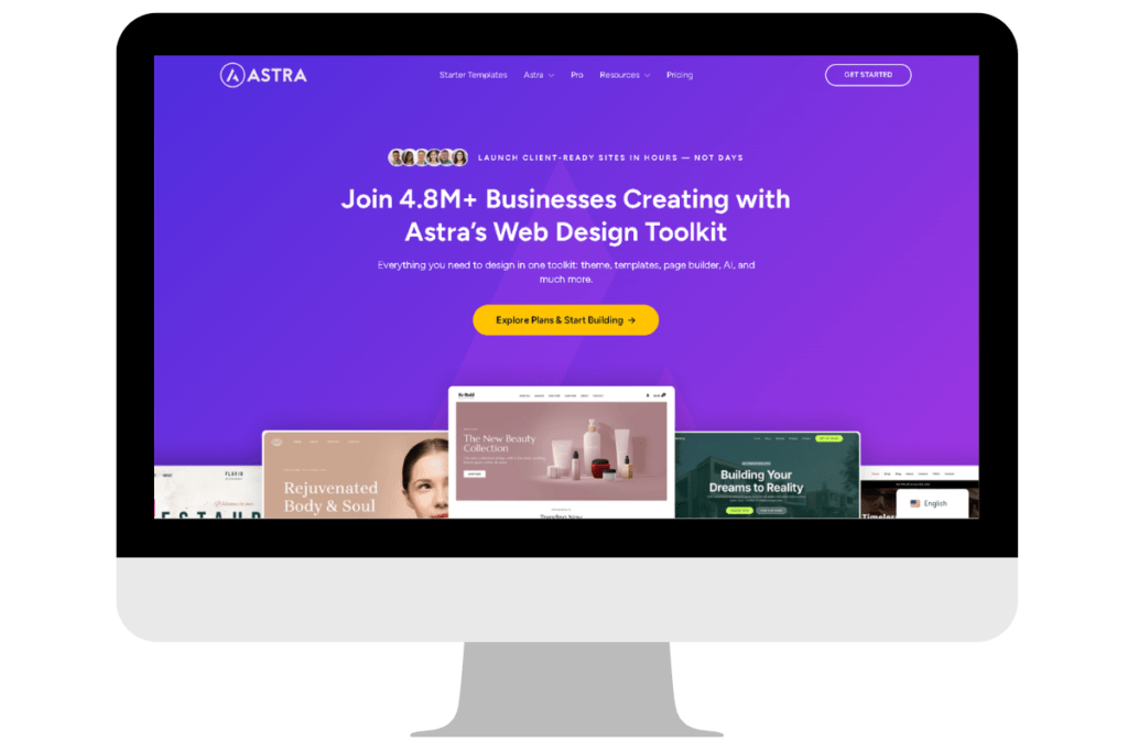 A screenshot of the Astra WordPress theme homepage highlighting its large user base, clean layout, and download button.