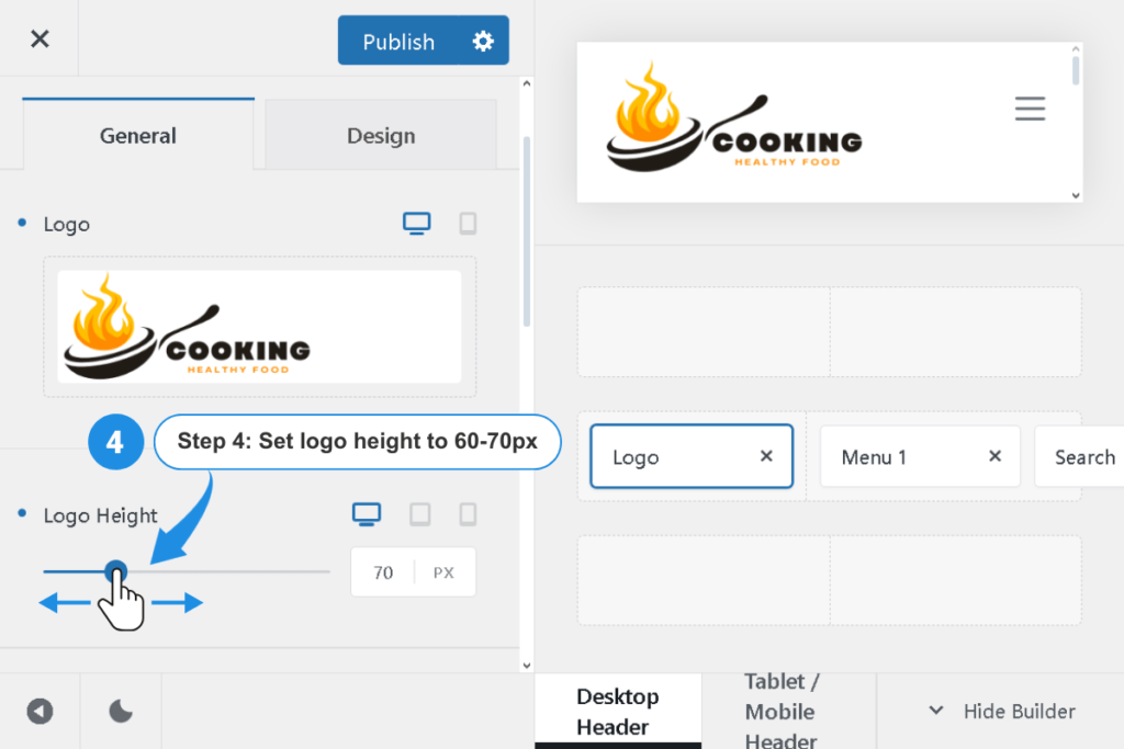 Blocksy WordPress theme Logo Height slider settings - showing where to adjust logo size to 60-70 pixels for optimal display