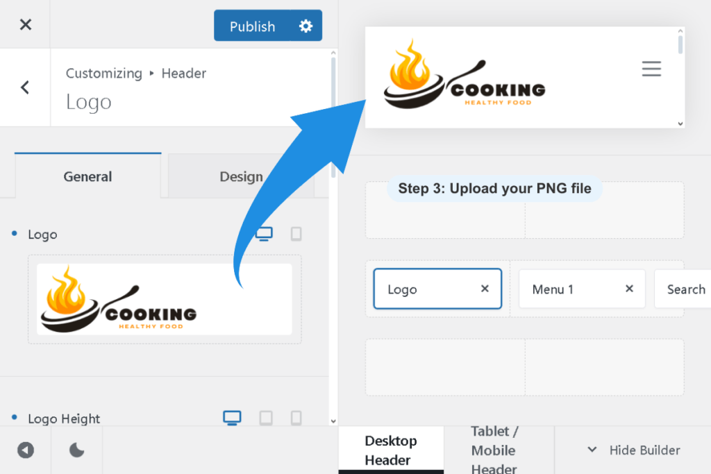 WordPress Blocksy theme live preview showing uploaded logo displayed in website header after successful upload - Step 3 complete