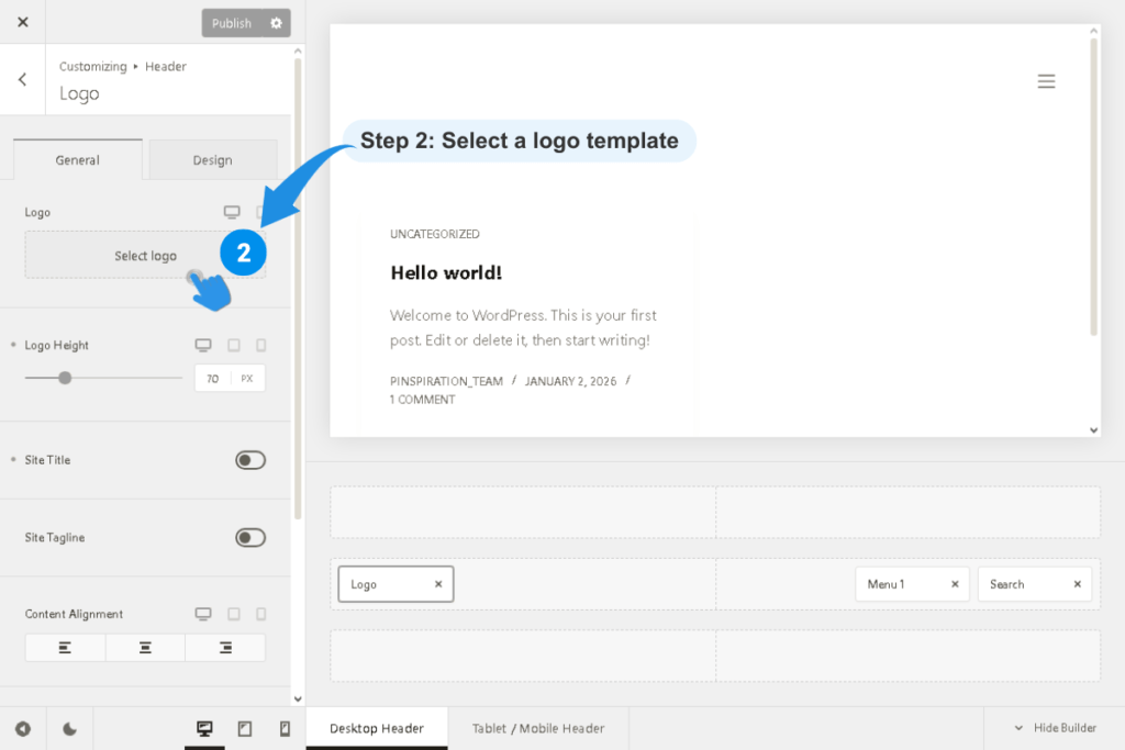 Step 2 of WordPress logo setup - Blocksy theme customization panel showing where to click "Select logo" button to choose a logo template from the library