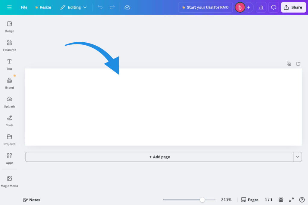 Empty Canva workspace showing successfully created blank 500 by 140 pixel canvas