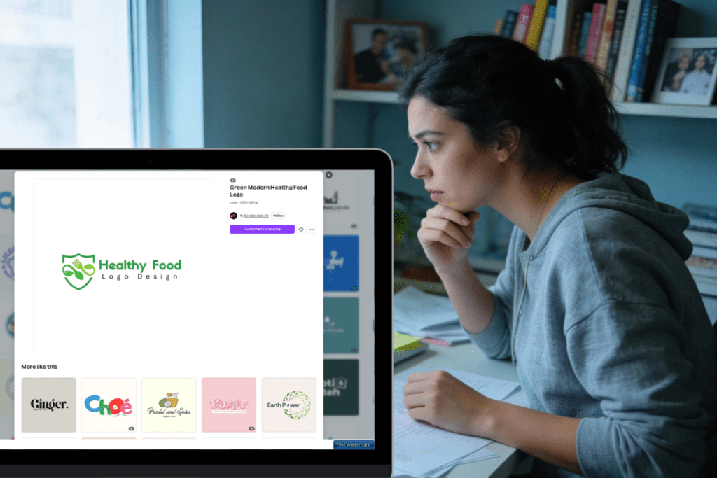 Canva Browsing Reality Logo Templates AuthenticWoman at home desk with thoughtful expression browsing Canva logo templates on laptop screen surrounded by coffee mug plants sticky notes and workspace details