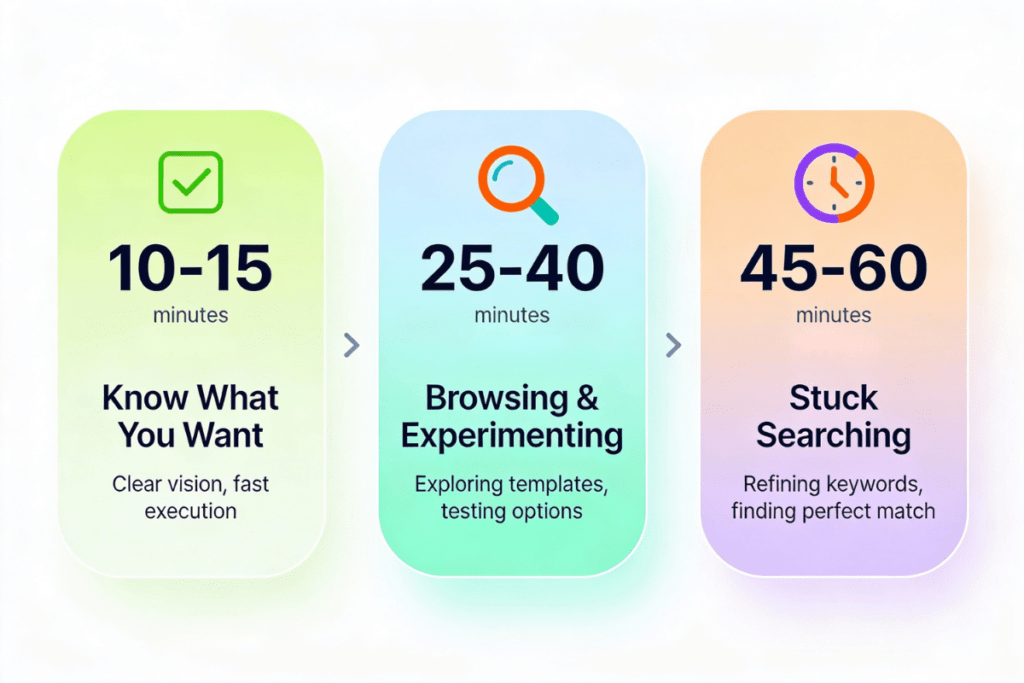 Canva Timeline Realistic ExpectationsThree-card timeline infographic showing Canva logo creation time ranges - 10-15 minutes for clear vision 25-40 minutes for browsing 45-60 minutes for thorough searching with color-coded cards