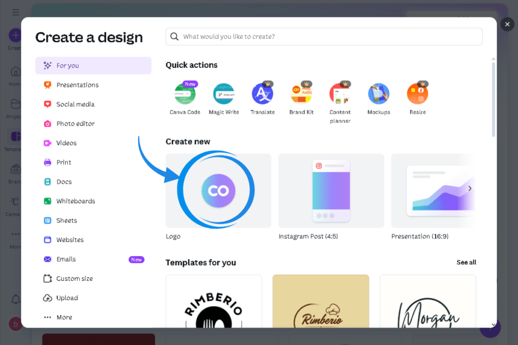 Canva Create a design screen with Logo button highlighted under Create new section