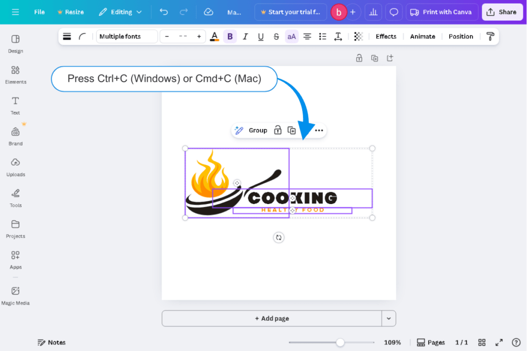 Canva logo design selected with instruction showing Press Ctrl+C Windows or Cmd+C Mac to copy