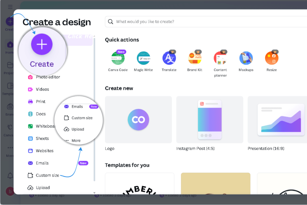 Canva home screen with Create a design button and Custom size option visible in the menu