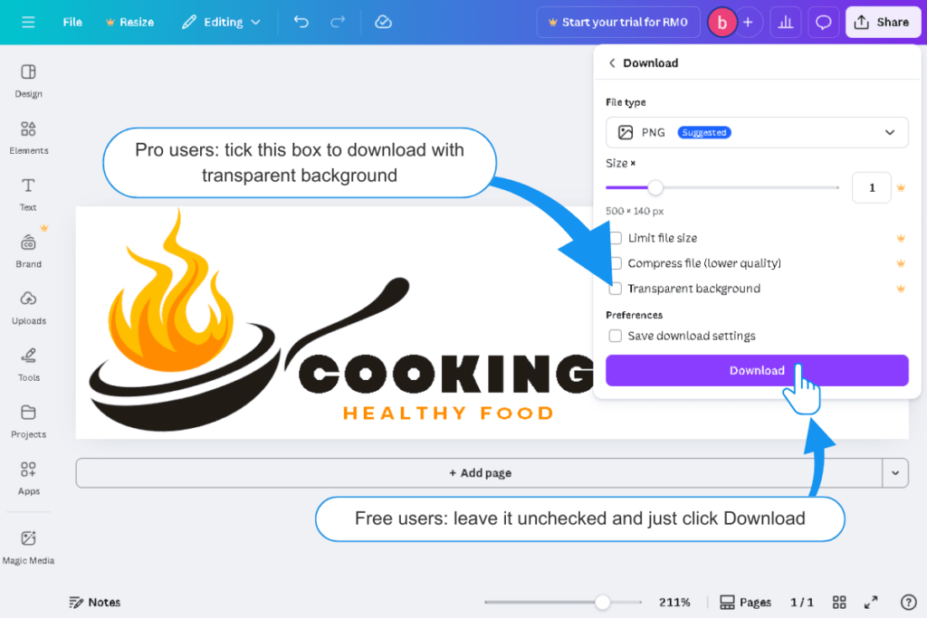 Canva download dialog showing PNG file format selected with download button, demonstrating how to export logo from Canva