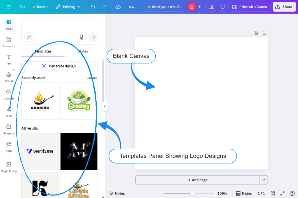 Canva workspace showing templates panel on the left side displaying various logo design options, with blank canvas on the right ready for customization