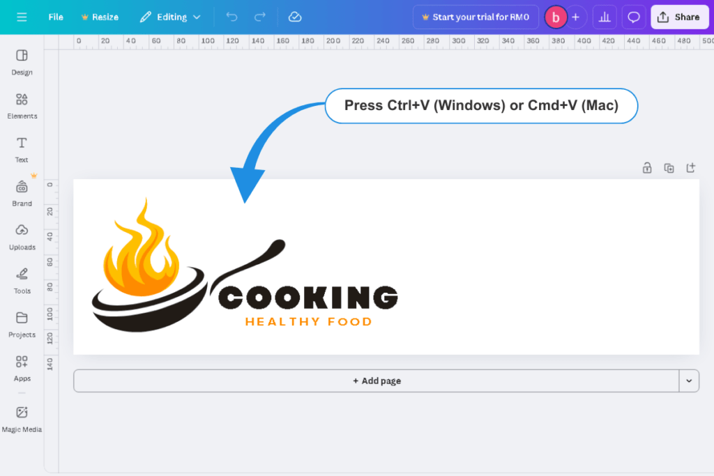 Canva canvas showing pasted logo design with instruction Press Ctrl+V Windows or Cmd+V Mac