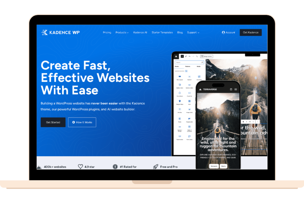 A screenshot of the Kadence WordPress theme homepage featuring its fast, flexible design tools and download button.