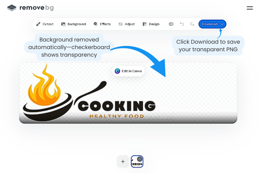 Remove.bg result showing logo with transparent background indicated by checkerboard pattern, with annotations pointing to automatic background removal and blue Download button in top right corner