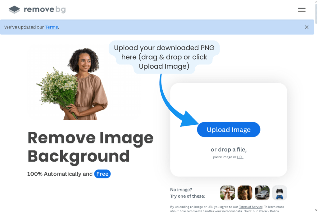 Remove.bg background removal tool showing upload interface with "Drag & Drop your image here" instruction and blue "Upload Image" button, demonstrating how to upload a PNG logo file for automatic background removal