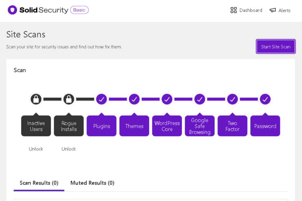 Web interface showing a site security scan with various stages like plugins and themes.