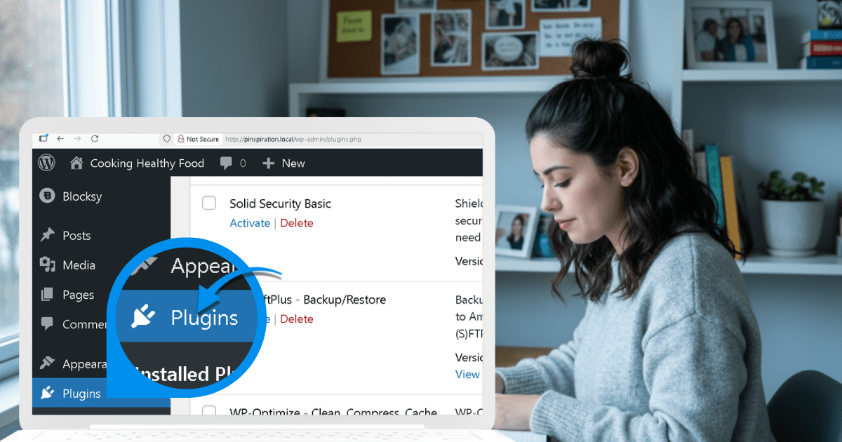 Person in a sweater using a laptop on a desk with a WordPress dashboard screen showing plugin options.