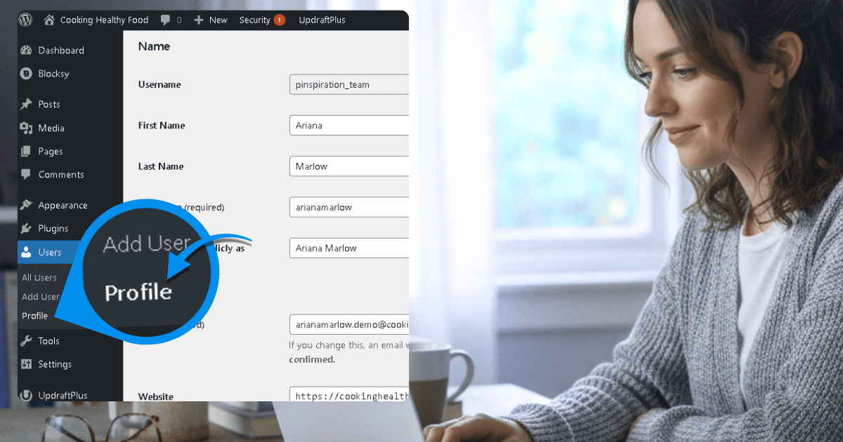 A cozy workspace featuring a neatly arranged desk with a laptop, a plant, and colorful stationery, all illuminated by warm natural light. The screen displays a WordPress author profile setup, showcasing a welcoming interface with profile details and a vibrant visual layout, inviting creativity and organization.