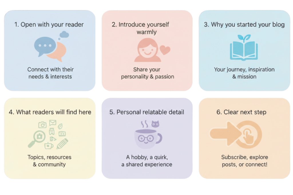 A colorful infographic showcasing the six essential elements of an effective "About" page, organized in a visually appealing layout. Each element is represented with engaging icons and concise text, illustrating key components such as personal story, mission statement, team introduction, and contact information, all designed to build a strong connection with the audience.
