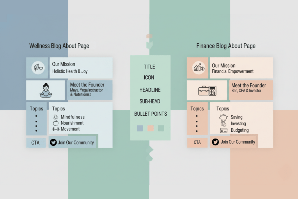 A vibrant side-by-side comparison graphic showcasing various niche examples for an "About" page, featuring diverse categories like travel, fitness, and food, each depicted with eye-catching icons and brief descriptive phrases. The layout emphasizes clarity and inspiration for content creators.