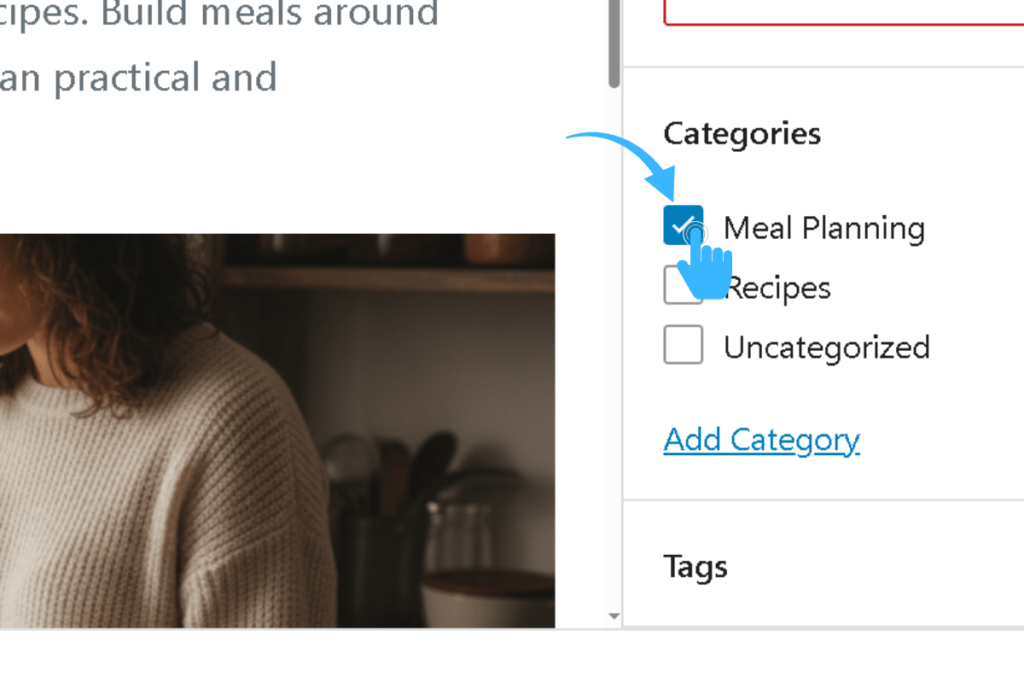 A digital illustration of a user-friendly interface showcasing a blog post creation screen. It highlights a section where users can easily assign categories to their posts, featuring a vibrant dropdown menu with various category options like "Travel," "Food," and "Technology," surrounded by a clean and inviting workspace design.